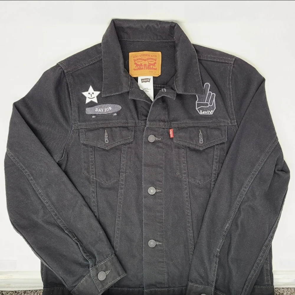 Levi's Trucker Denim Jean Jacket Peace Love Youth Kids Black Retro Vintage Lg